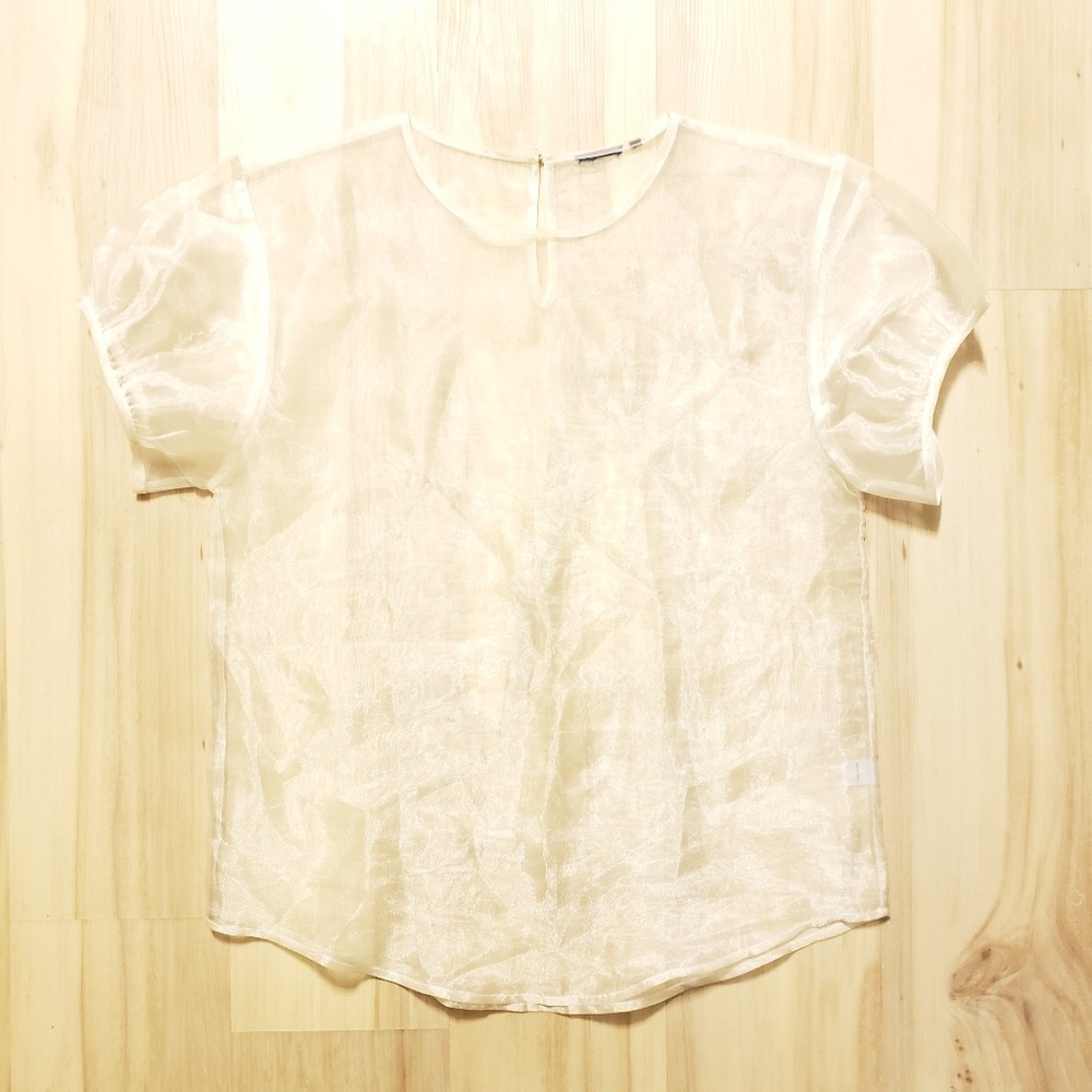 White silver sheer short sleeve blouse